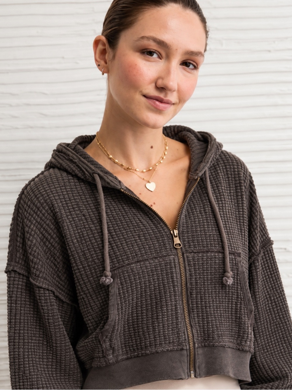 AMERICAN EAGLE- Dark grey Waffle-Knit Zip Hoodie